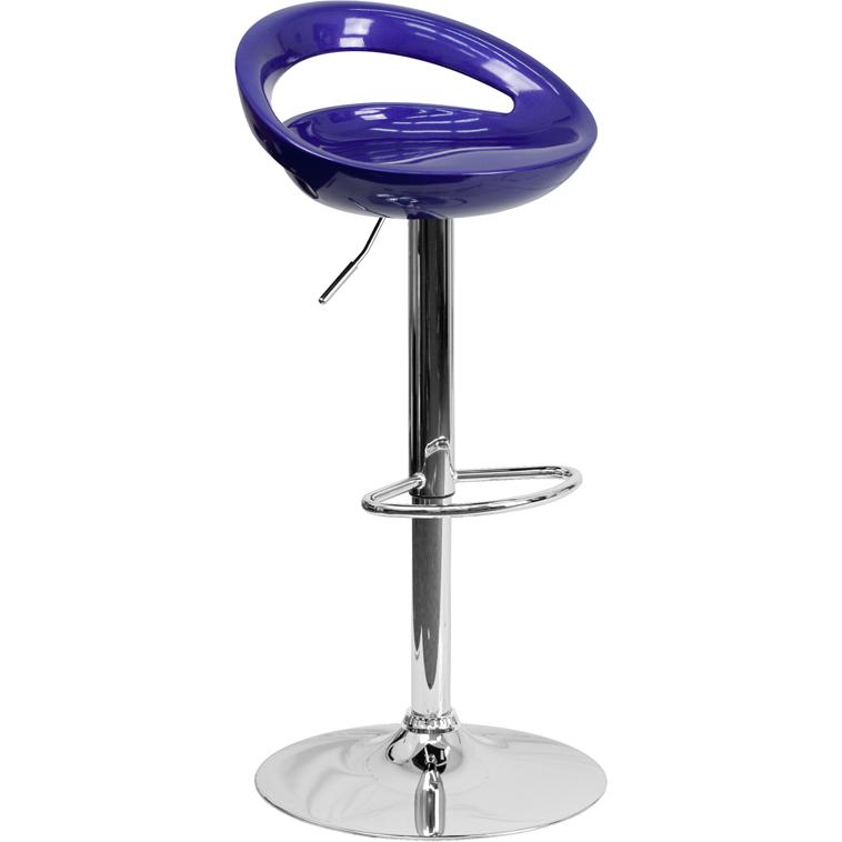 Blue Plastic Adjustable Height Barstool with Rounded Cutout Back and Chrome Base