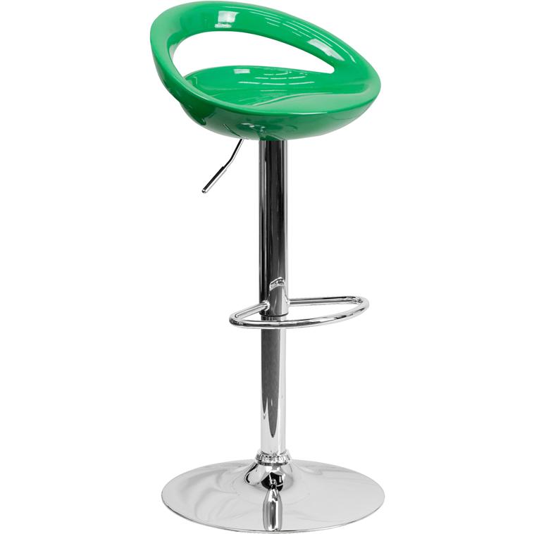 Green Plastic Barstool with Rounded Cutout Back and Chrome Base