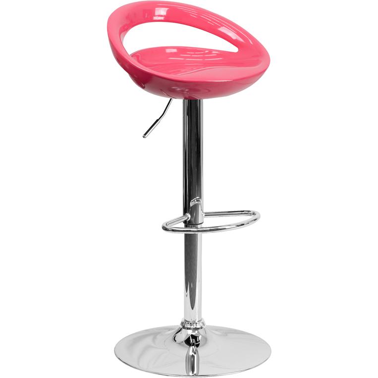 Pink Plastic Adjustable Height Barstool with Rounded Cutout Back and Chrome Base