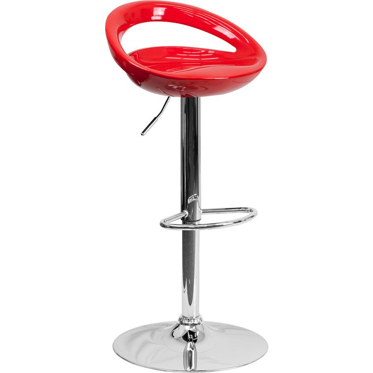 Red Plastic Adjustable Height Barstool with Rounded Cutout Back and Chrome Base