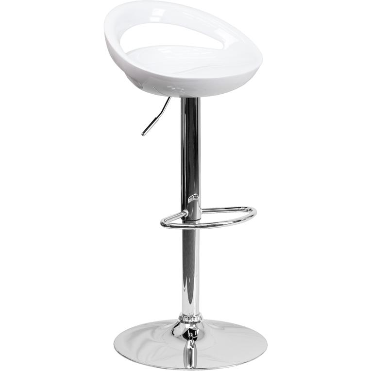 White Plastic Barstool with Rounded Cutout Back and Chrome Base