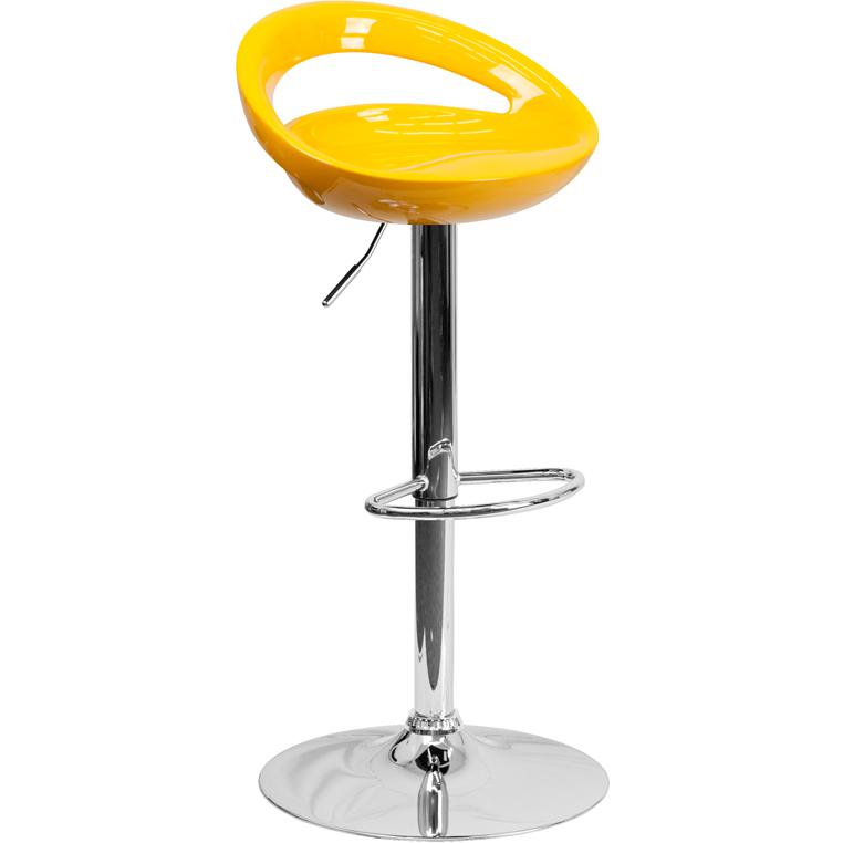 Yellow Plastic Barstool with Rounded Cutout Back and Chrome Base