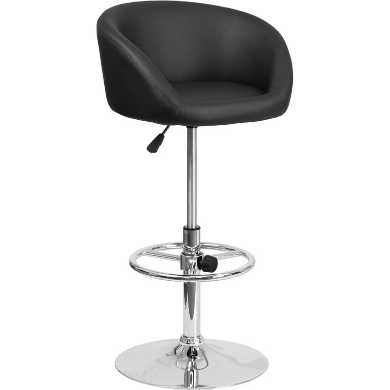 Black Vinyl Adjustable Height Barstool with Barrel Back and Chrome Base