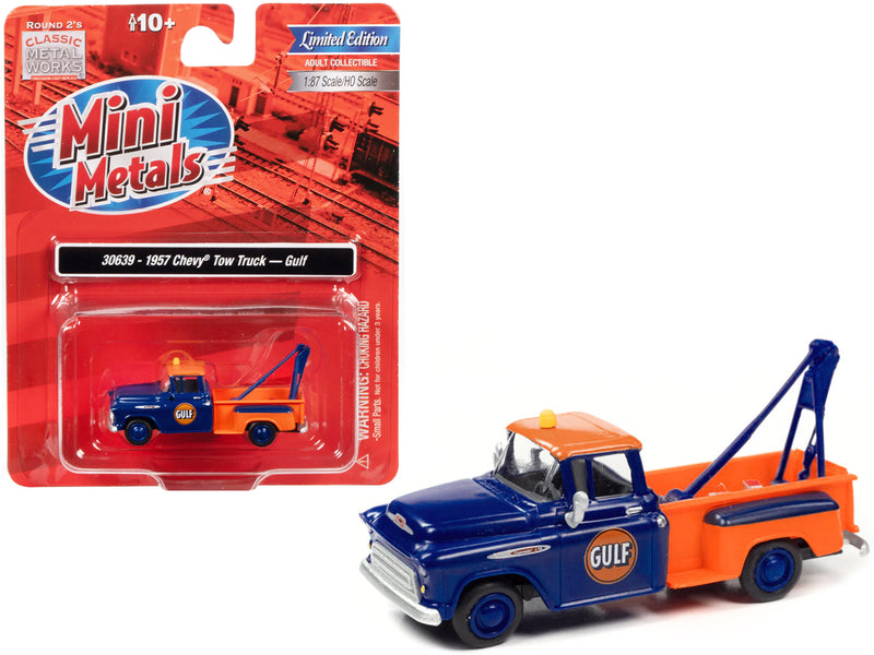 1957 Chevrolet Stepside Tow Truck Gulf Blue and Orange 1/87 (HO) Scale Model Car by Classic Metal Works