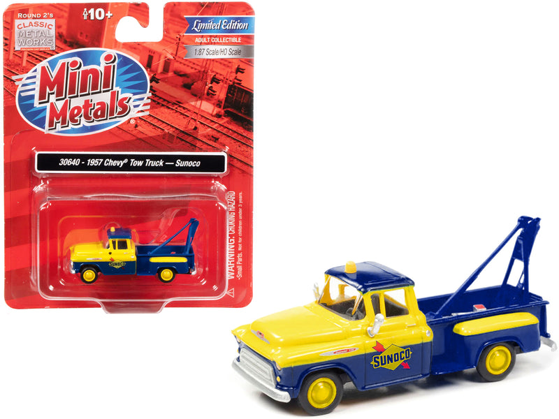 1957 Chevrolet Stepside Tow Truck Sunoco Blue and Yellow 1/87 (HO) Scale Model Car by Classic Metal Works