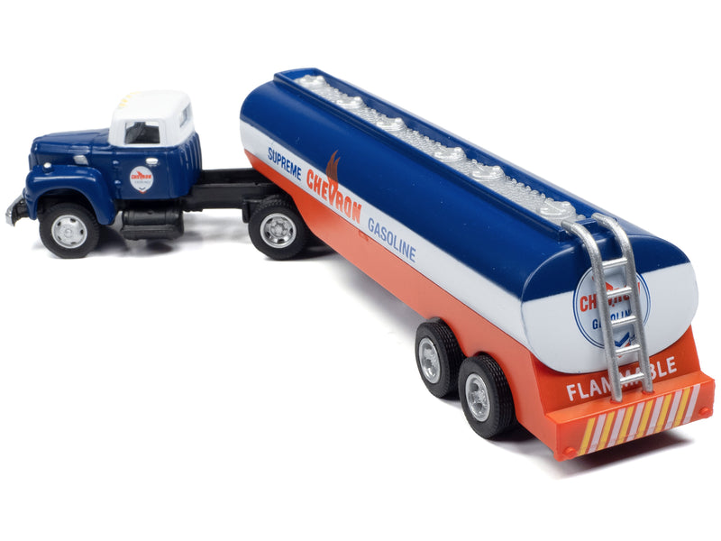 1954 IH R-190 Tractor Blue and White with Tanker Trailer Chevron Supreme Gasoline 1/87 (HO) Scale Model Truck by Classic Metal Works