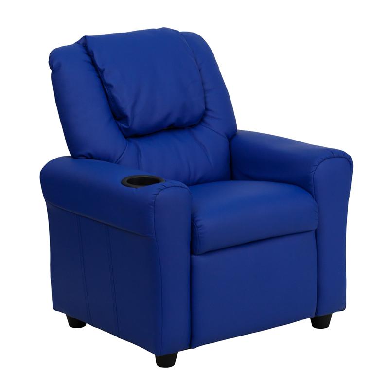 Contemporary Blue Vinyl Kids Recliner with Cup Holder and Headrest