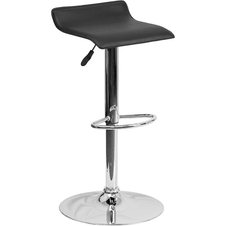 Black Vinyl Adjustable Height Barstool with Solid Wave Seat and Chrome Base