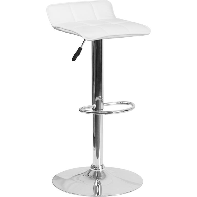 White Vinyl Adjustable Height Barstool with Quilted Wave Seat and Chrome Base