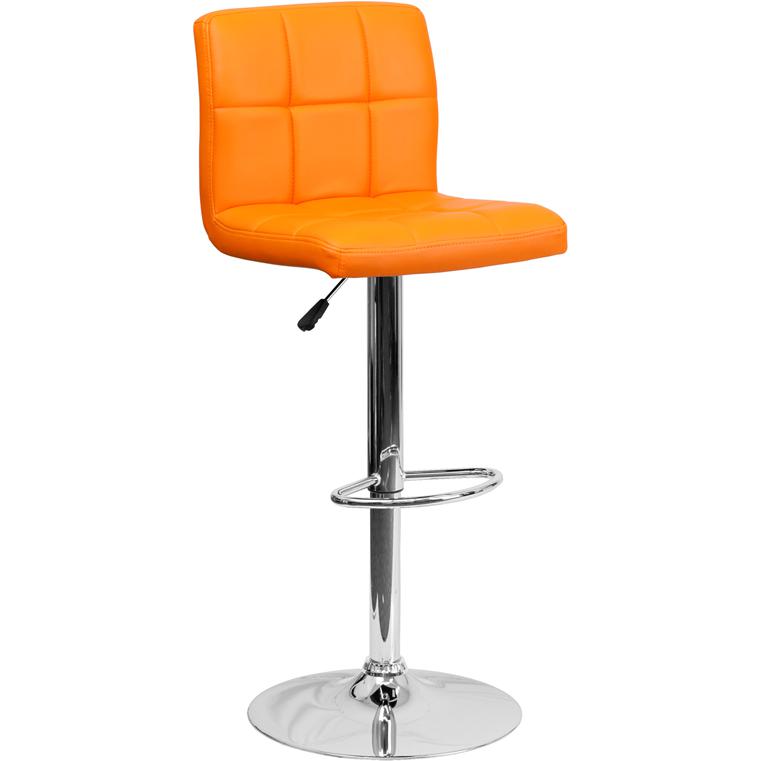 Contemporary Orange Quilted Vinyl Adjustable Height Barstool with Chrome Base