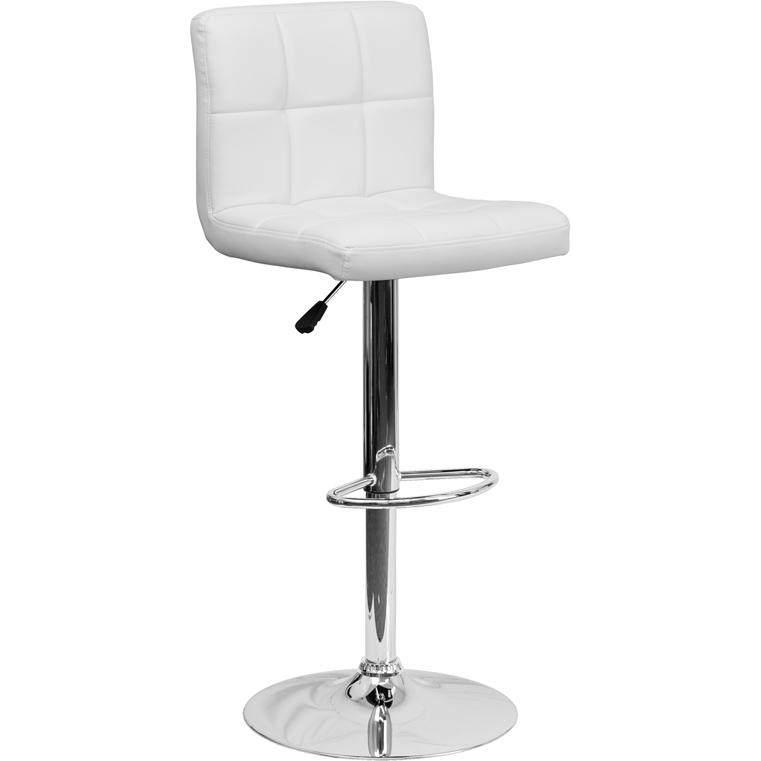 Contemporary White Quilted Vinyl Adjustable Height Barstool with Chrome Base