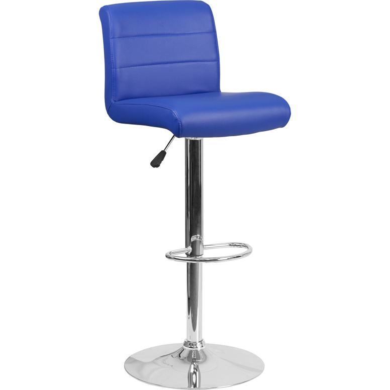 Blue Vinyl Adjustable Height Barstool with Rolled Seat and Chrome Base