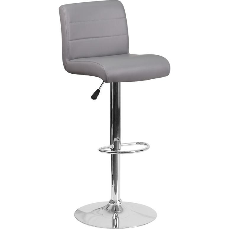 Gray Vinyl Adjustable Height Barstool with Rolled Seat and Chrome Base