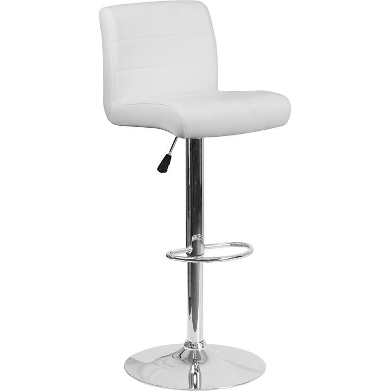 White Vinyl Adjustable Height Barstool with Rolled Seat and Chrome Base