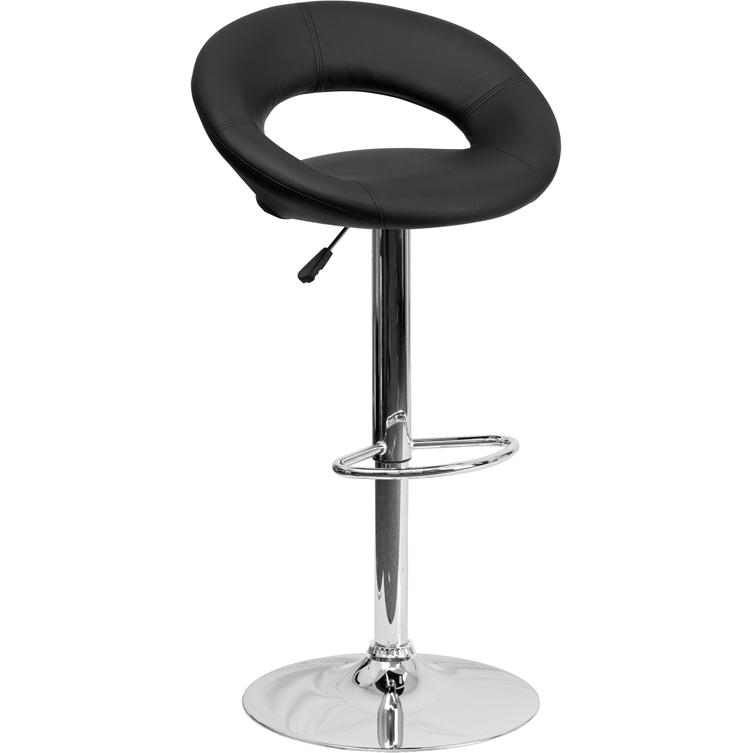 Black Vinyl Rounded Orbit-Style Back Adjustable Height Barstool with Chrome Base