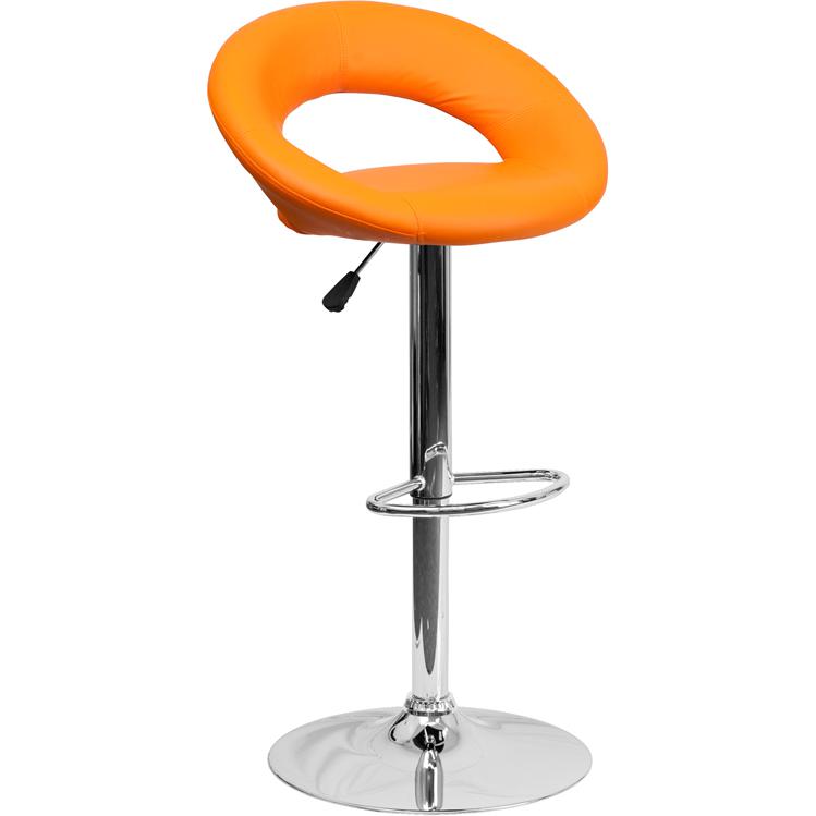 Orange Vinyl Rounded Orbit-Back Adjustable Height Barstool with Chrome Base