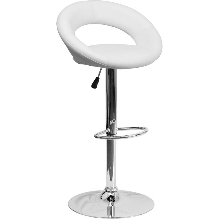 White Vinyl Rounded Orbit-Style Back Adjustable Height Barstool with Chrome Base