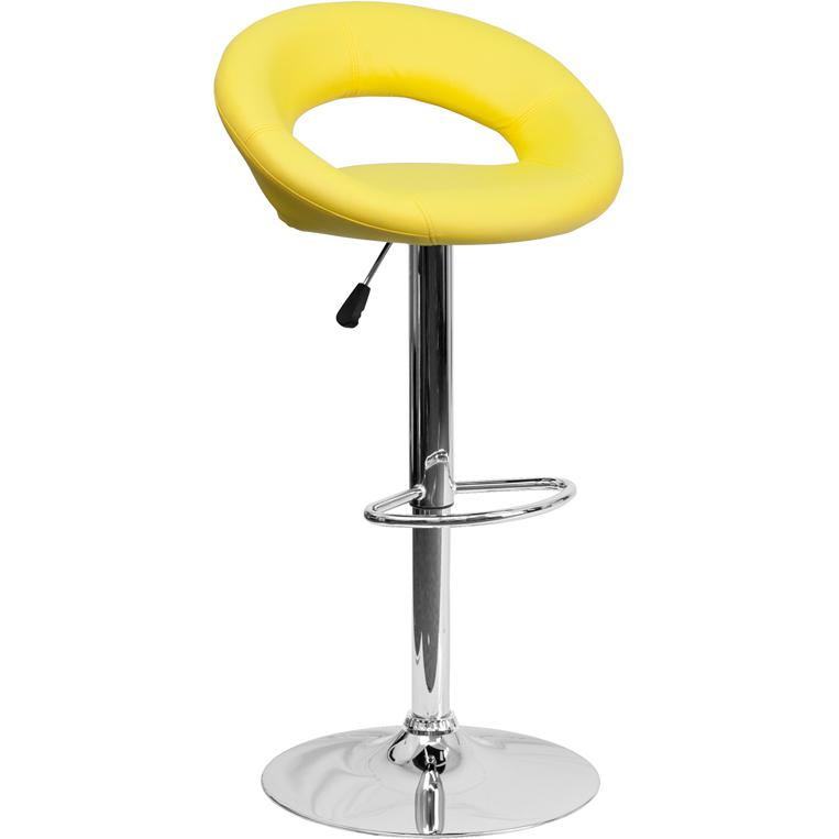 Yellow Vinyl Rounded Orbit-Back Adjustable Height Barstool with Chrome Base