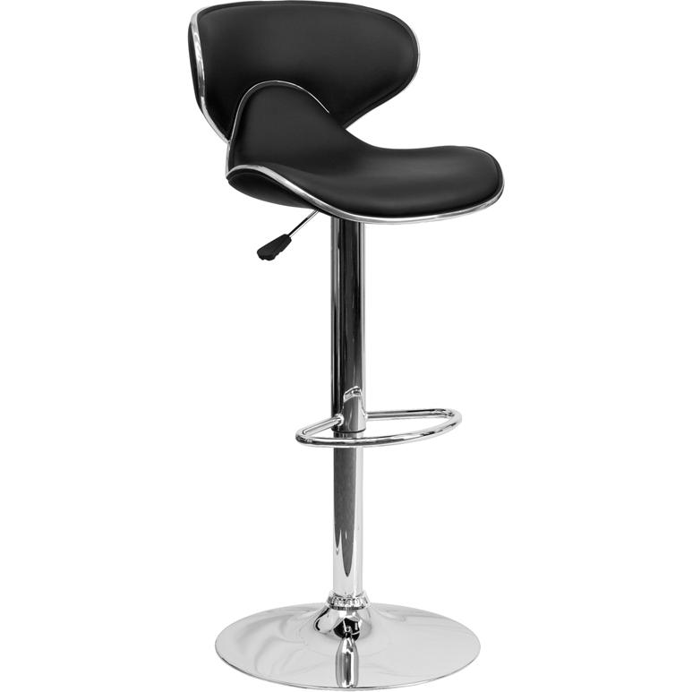 Cozy Mid-Back Black Vinyl Adjustable Height Barstool with Chrome Base