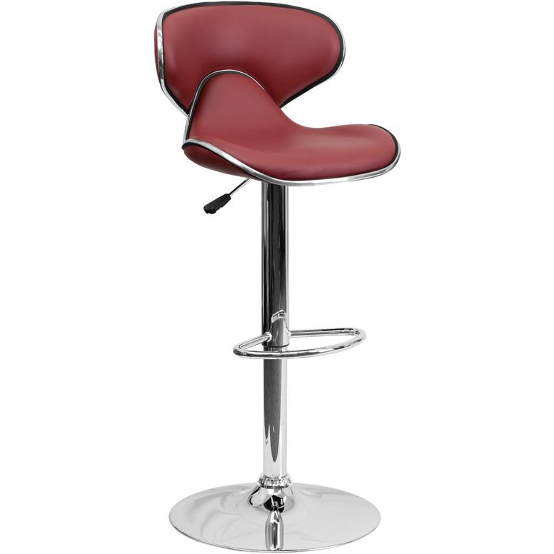 Cozy Mid-Back Burgundy Vinyl Adjustable Height Barstool with Chrome Base