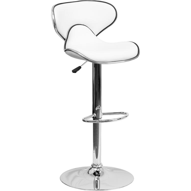 Cozy Mid-Back White Vinyl Adjustable Height Barstool with Chrome Base