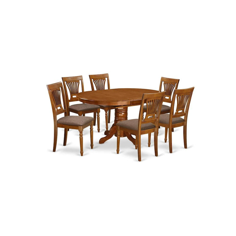 AVPL7-SBR-C 7 PcAvon Dining Table featuring Leaf and 6 Fabric Seat Chairs in Saddle Brown .