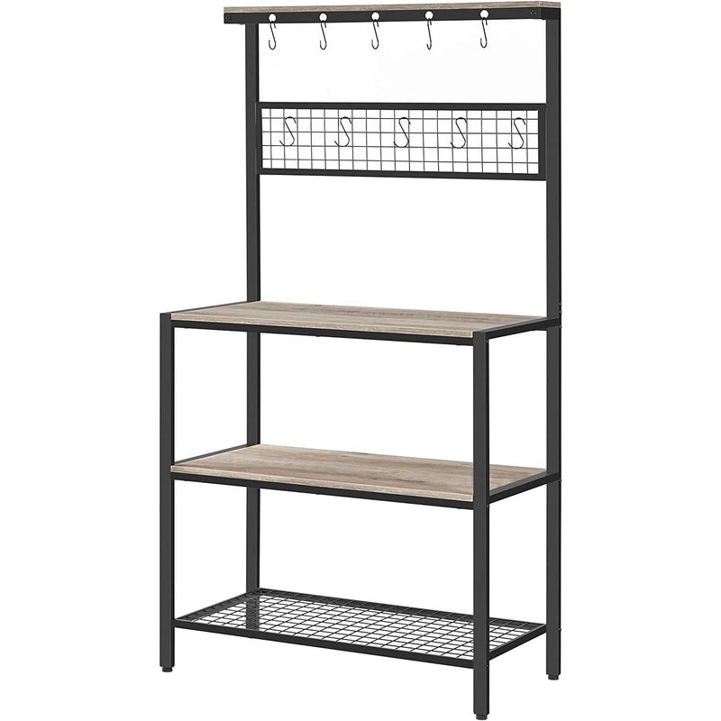 Modern 3-Shelf Black Metal Light Grey Wood Kitchen Bakers Rack Microwave Stand