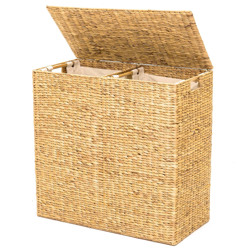 Natural 2-Bin Handwoven Hyacinth Linen Liner Laundry Hamper w/ Handles