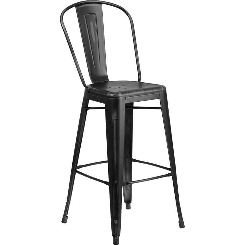 30" High Distressed Black Metal Indoor-Outdoor Barstool with Back