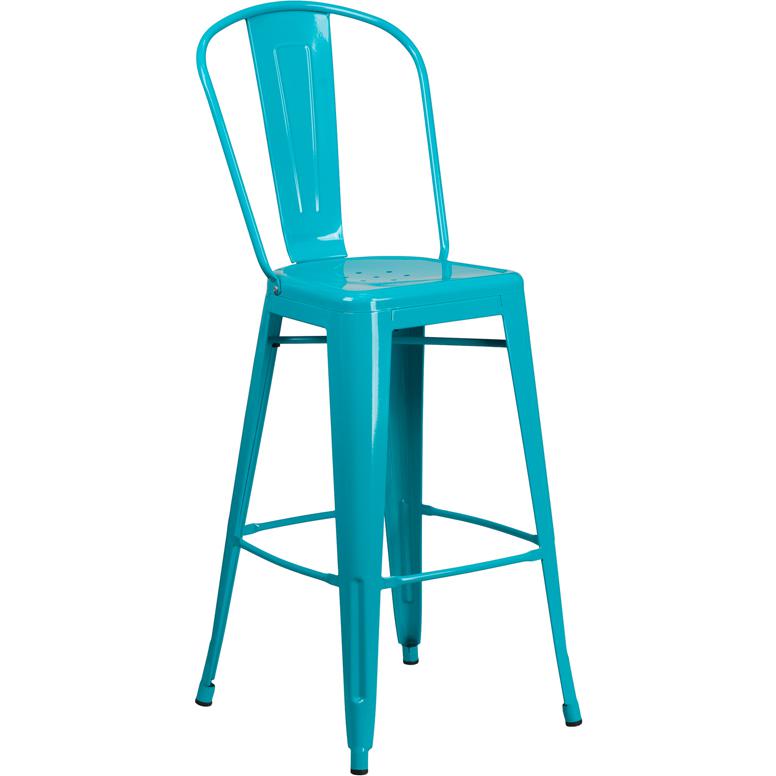 30" High Crystal Teal-Blue Metal Indoor-Outdoor Barstool with Back