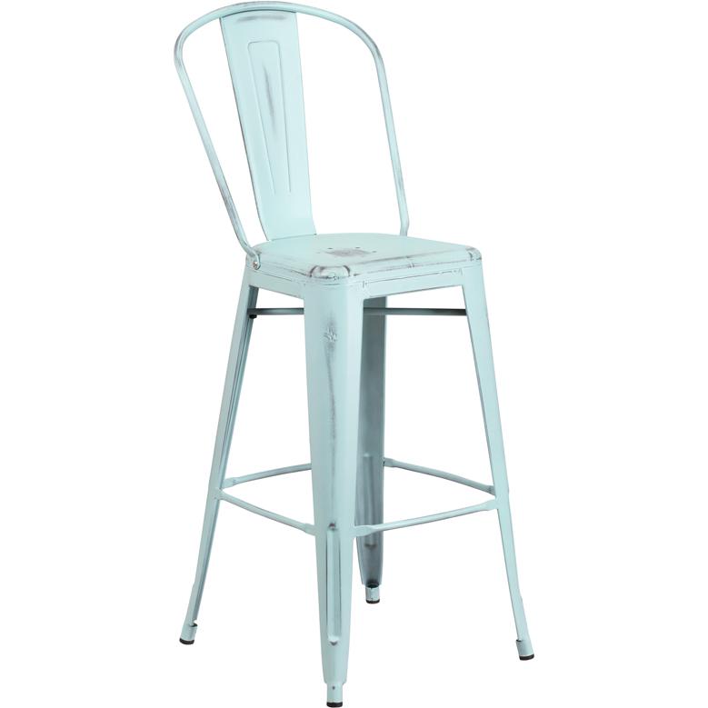 30" High Distressed Green-Blue Metal Indoor-Outdoor Barstool with Back