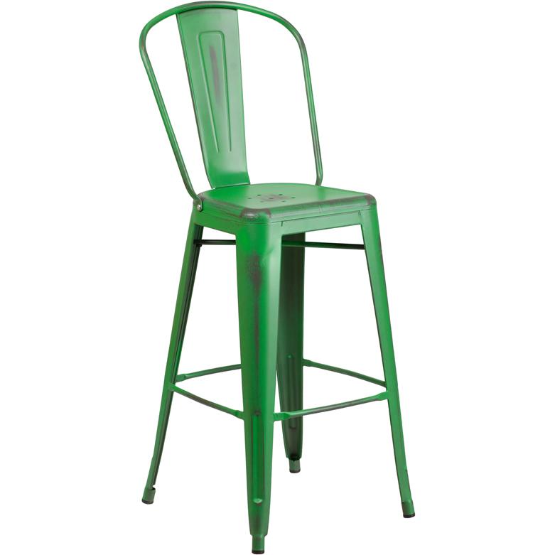 30" High Distressed Green Metal Indoor-Outdoor Barstool with Back