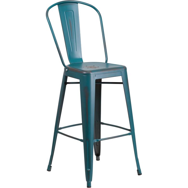 30" High Distressed Kelly Blue-Teal Metal Indoor-Outdoor Barstool with Back