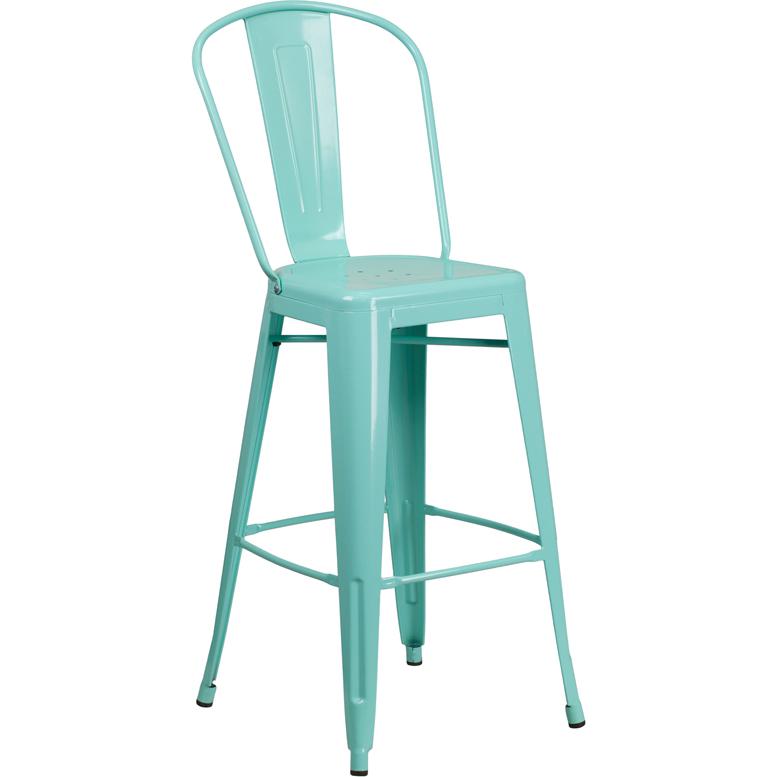 30" High Mint Green Metal Indoor-Outdoor Barstool with Back