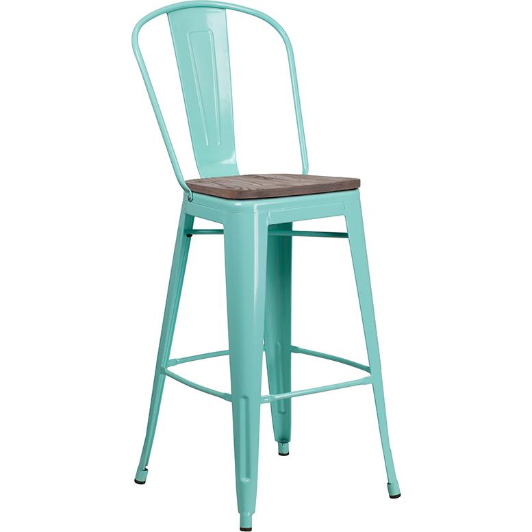 30" High Mint Green Metal Barstool with Back and Wood Seat