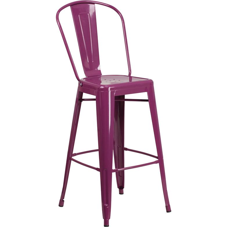 Commercial Grade 30" High Purple Metal Indoor-Outdoor Barstool with Back