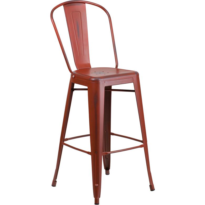 30" High Distressed Kelly Red Metal Indoor-Outdoor Barstool with Back