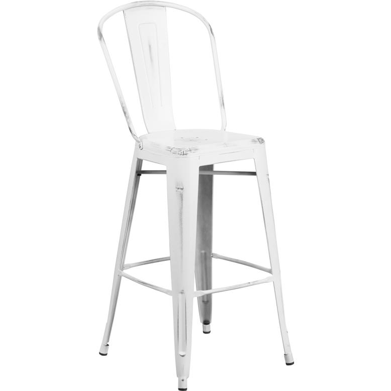 30" High Distressed White Metal Indoor-Outdoor Barstool with Back