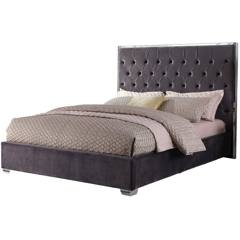 Best Master Kressa Velour Fabric Tufted Queen Platform Bed in Dark Gray