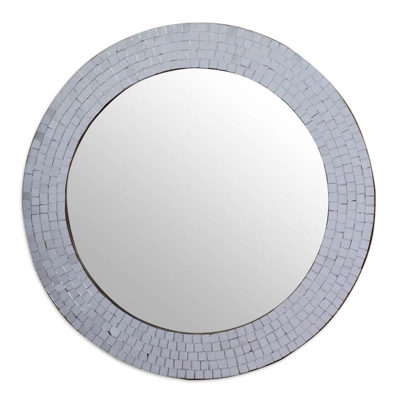 Modern Round Circular Bathroom Wall Mirror with Mosaic Glass Silver Frame