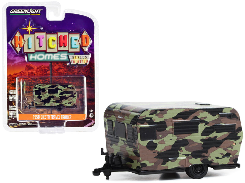 1958 Siesta Travel Trailer Camouflage Hitched Homes Series 13 1/64 Diecast Model by Greenlight