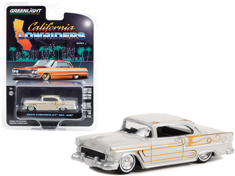 1955 Chevrolet Bel Air Custom Light Gray Metallic and Gold Graphics California Lowriders Series 2 1/64 Diecast Model Car by Greenlight