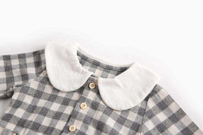 Baby Girl Plaid Pattern Doll Collar Design Long Sleeve Onesies With Buttons