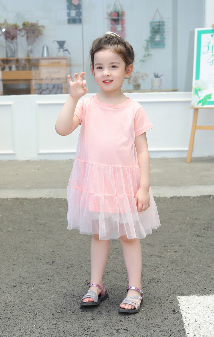 Girl Solid Mesh Pattern Short Sleeve Round Collar Dress In Summer