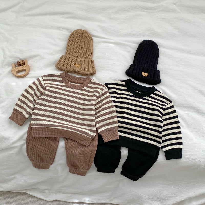 Baby Striped Pattern Waffle Fabric Hoodies Combo Pants Sets