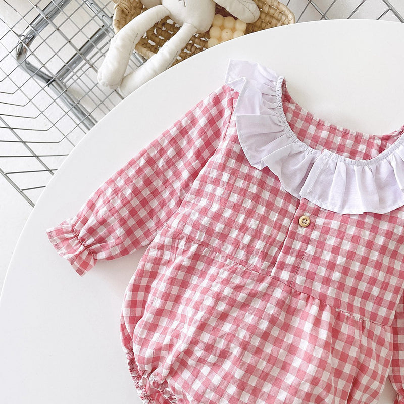 Baby Girl Plaid Pattern Ruffle Neck Design Triangle Sweet Onesies