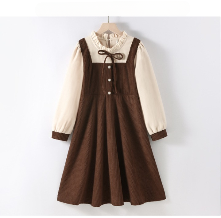 Preppy Corduroy Long Sleeves Ruffle Crew Neck Thick Dress