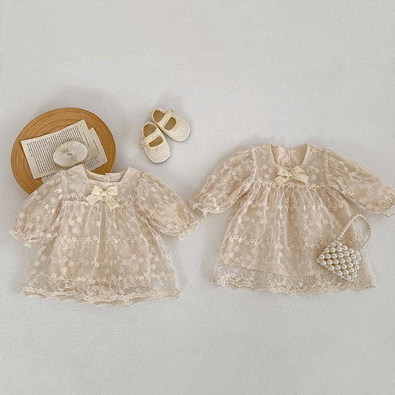 Baby Girl Mesh Patched Design Suqare Neck Onesies Dress & Dress