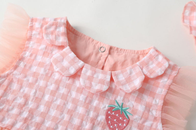 Baby Girl 1pcs Plaid Graphic Strawberry Embroidery Mesh Overlay Floral Neck Dress