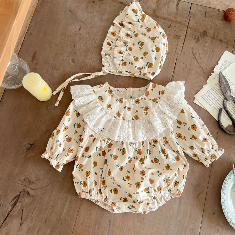 Baby Girl Ditsy Flower Pattern Lace Decoration Long Sleeves Bodysuit